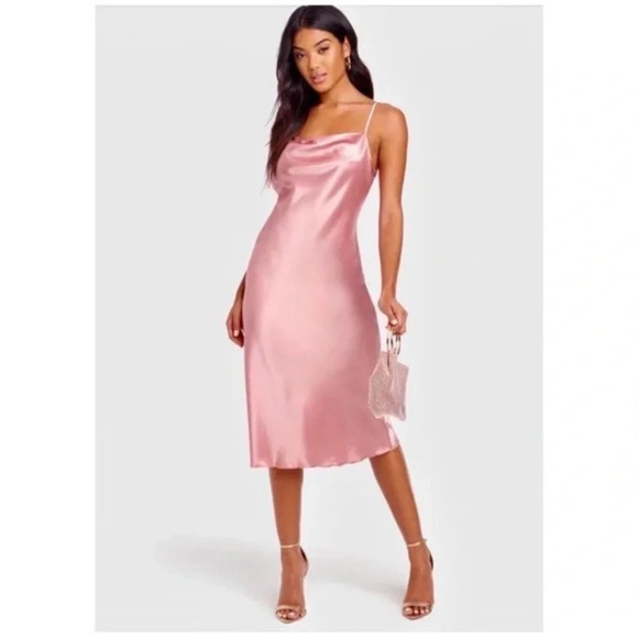 Bebe Cowl neck spagheti strap Satin sleek midi Dress Pink Medium - Picture 1 of 8